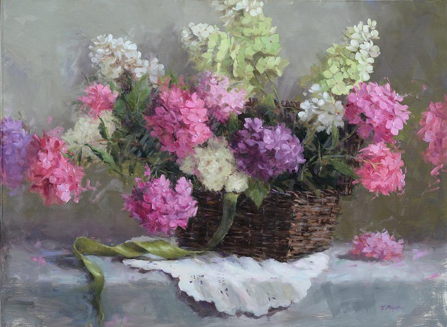 Still Life Painting - Hydrangea Basket by Viktoria K Majestic