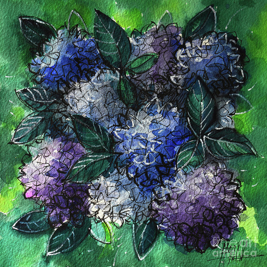 HYDRANGEAS BOUQUET ON GREEN watercolor painting Painting by Mona Edulesco