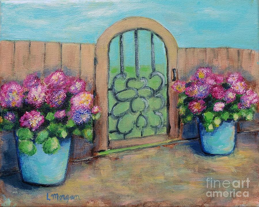 Hydrangeas by the Gate Painting by Laurie Morgan