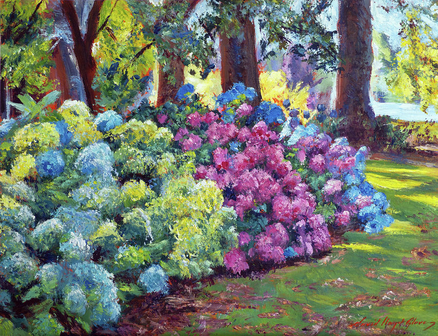 Hydrangeas By The Lake Painting by David Lloyd Glover