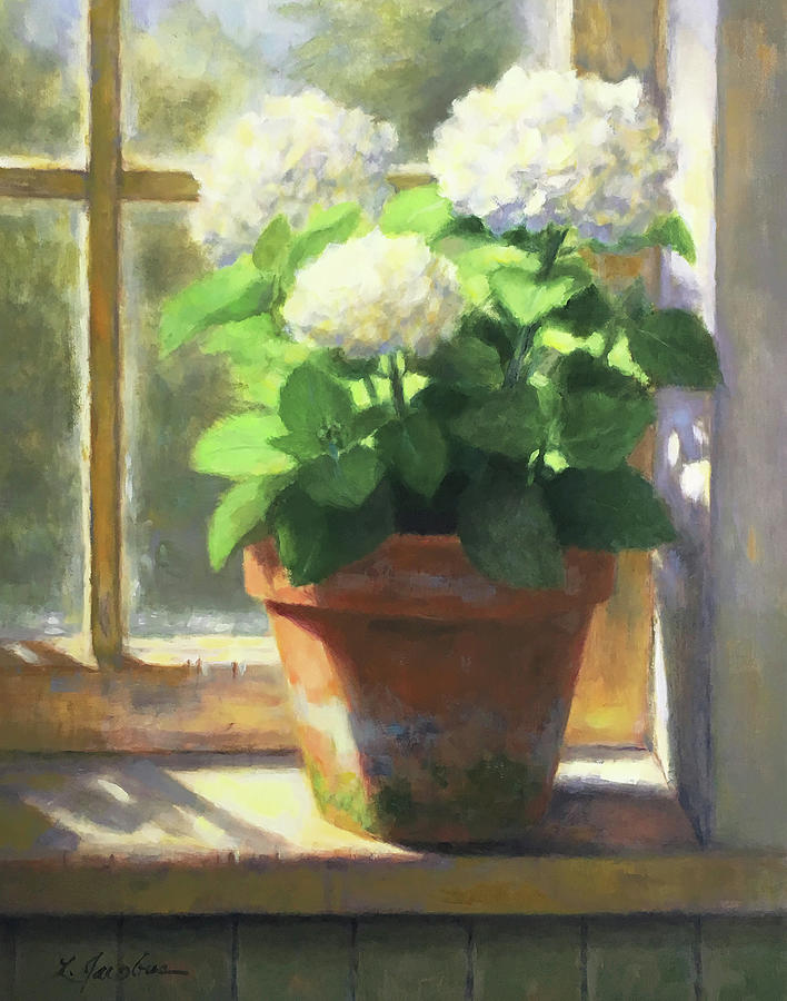Garden Flowers Painting - Hydrangeas in the Cottage by Linda Jacobus