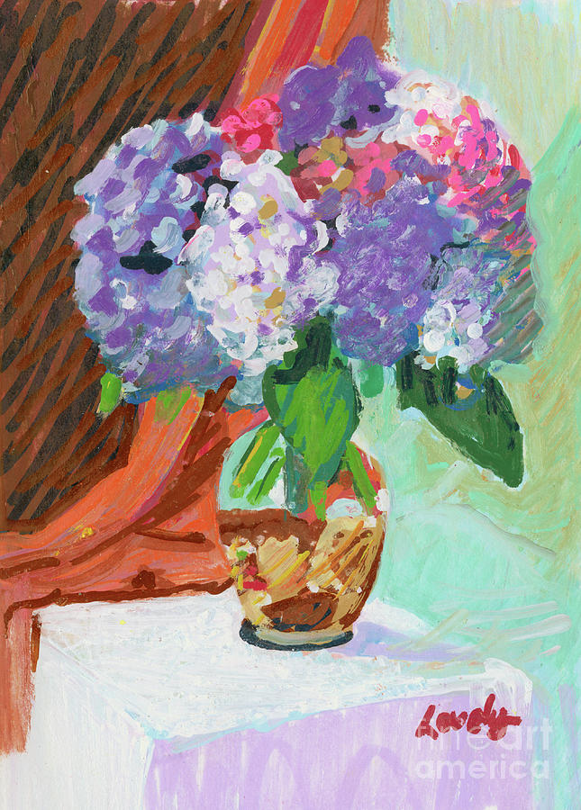 Hydrangeas in Vase with Shells Painting by Candace Lovely