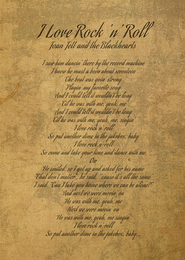 I Love Rock N Roll By Joan Jett And The Blackhearts Vintage Song Lyrics On Parchment Design Turnpike 