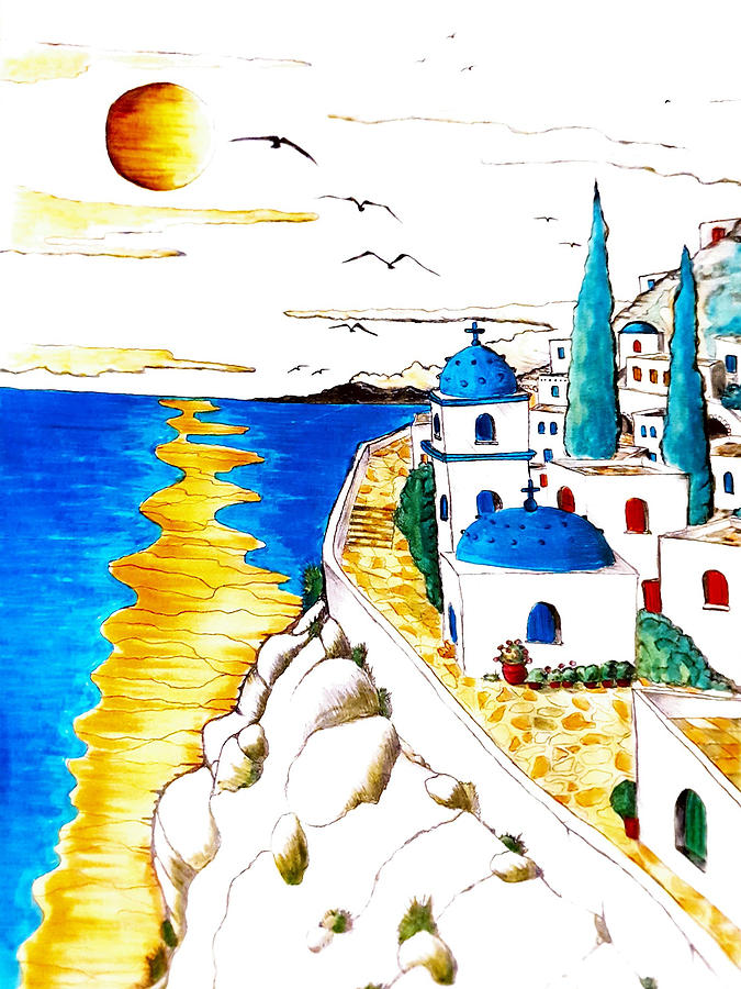 Sunset Drawing - I Love Santorini by Antonis Meintanis