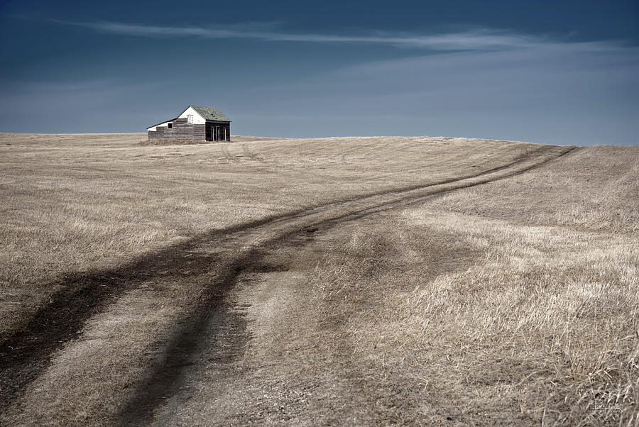 I Think Ill Go this Other Way - abandoned building on vast ND prairie with trail  Photograph by Peter Herman