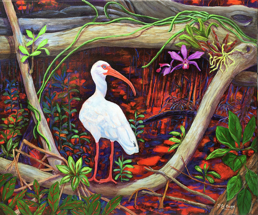 Ibis and Wild Orchid Painting by Pat St Onge