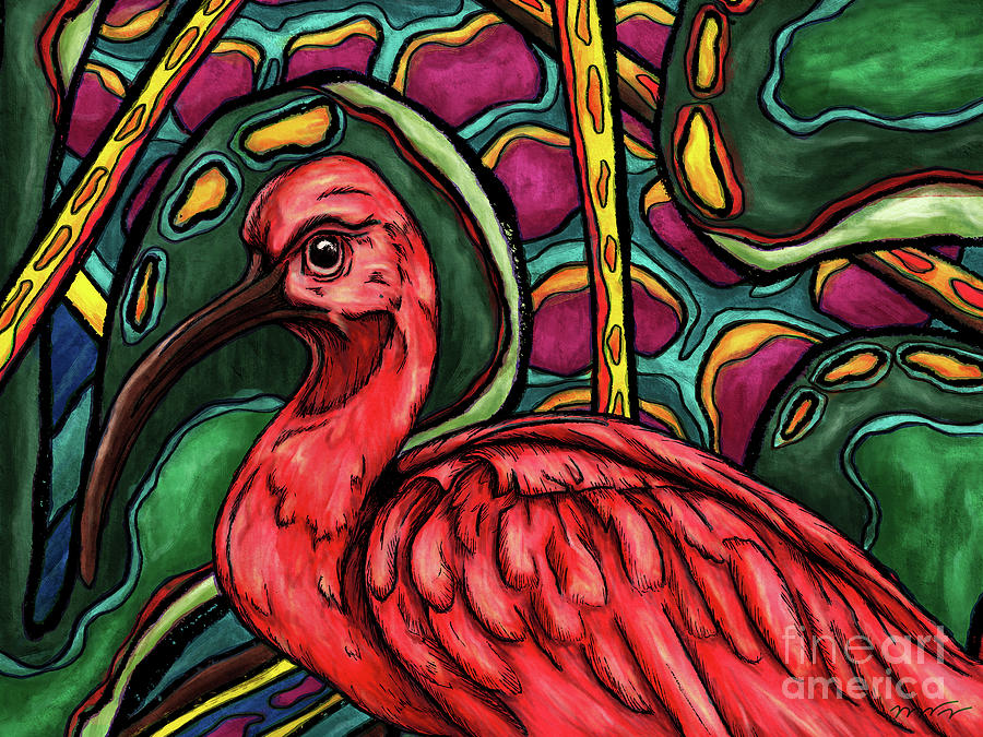 Ibis bird in jungle painting, scarlet ibis Painting by Nadia CHEVREL