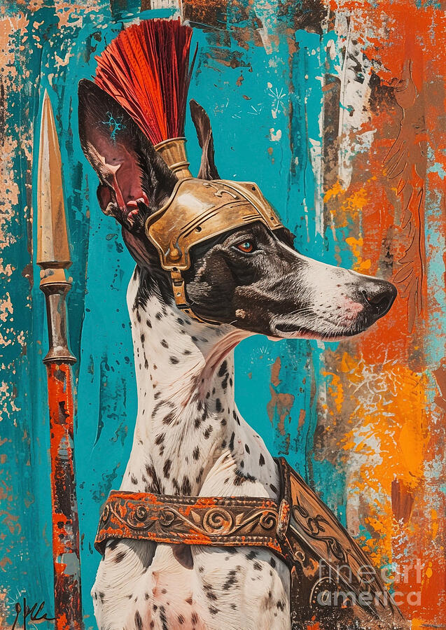 Dog Painting - Ibizan Hound - dressed as a Roman lookout, tall and sight-focused by Adrien Efren