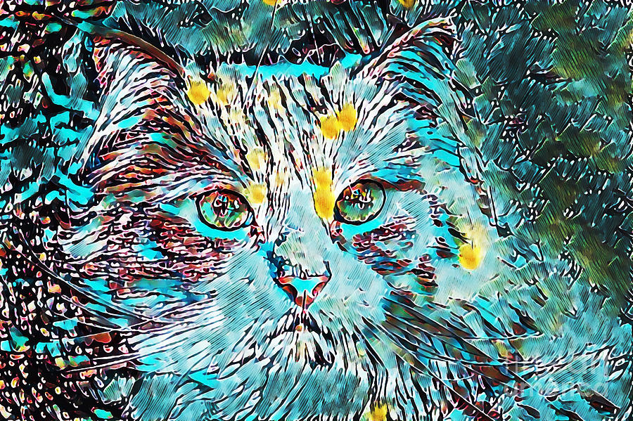 Ice blue cat portrait Painting by Delphimages Photo Creations