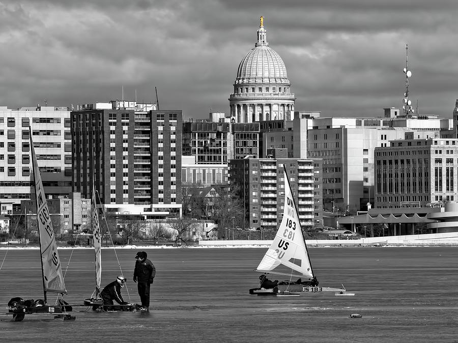 Ice boats and Capitol, Madison, Wisconsin Photograph by Steven Ralser