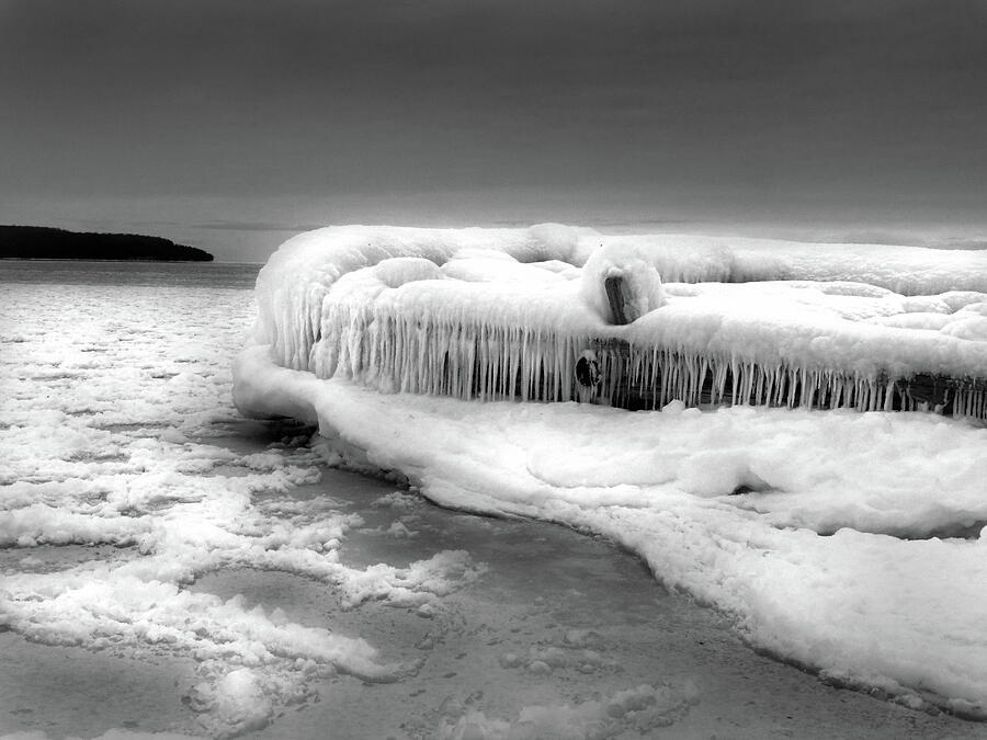 Winter Photograph - Ice-Covered Dock at Gills Rock B W by David T Wilkinson