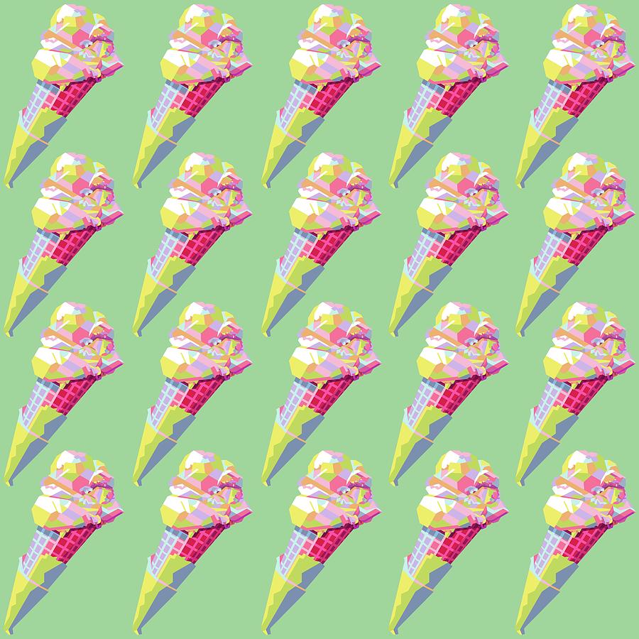 Ice Cream Cone Wpap Pop Art Pattern Green Background Digital Art