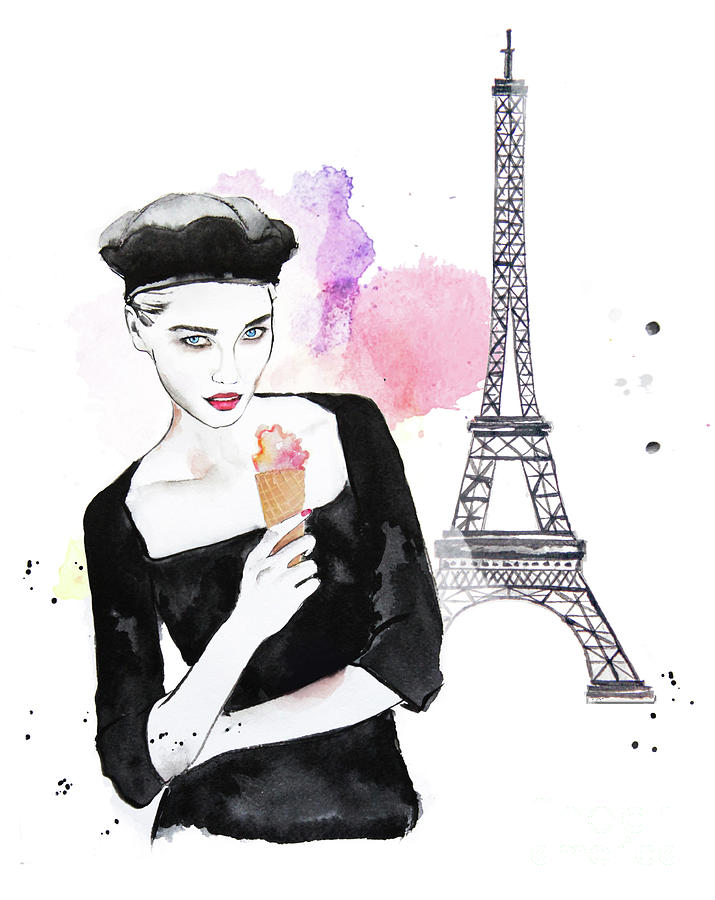 Ice Cream In Paris Elegant Fashion Watercolor Illustration With Eiffel Tower Drawing By Olga Cree