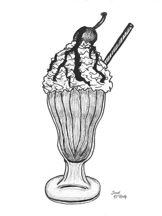 Ice Cream Parlor Sundae Black And White Drawing by Sandi OReilly