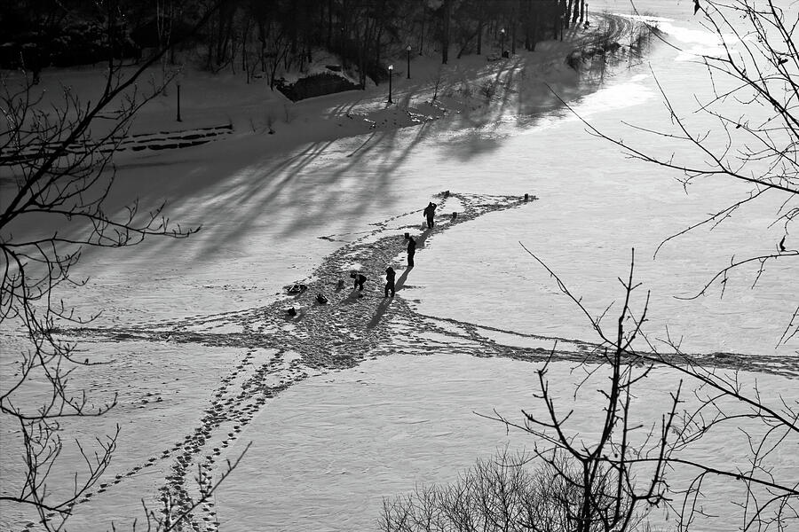 Ice Fishing In Ottawa, Canada - Black And White Photograph
