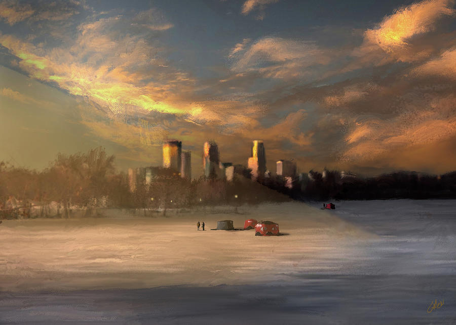 Ice Fishing On Lake Nokomis At Sunset Digital Art