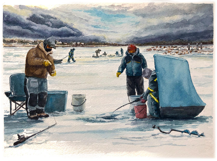 Ice fishing on Shediac Bay Painting by Rainer WENZL - Pixels