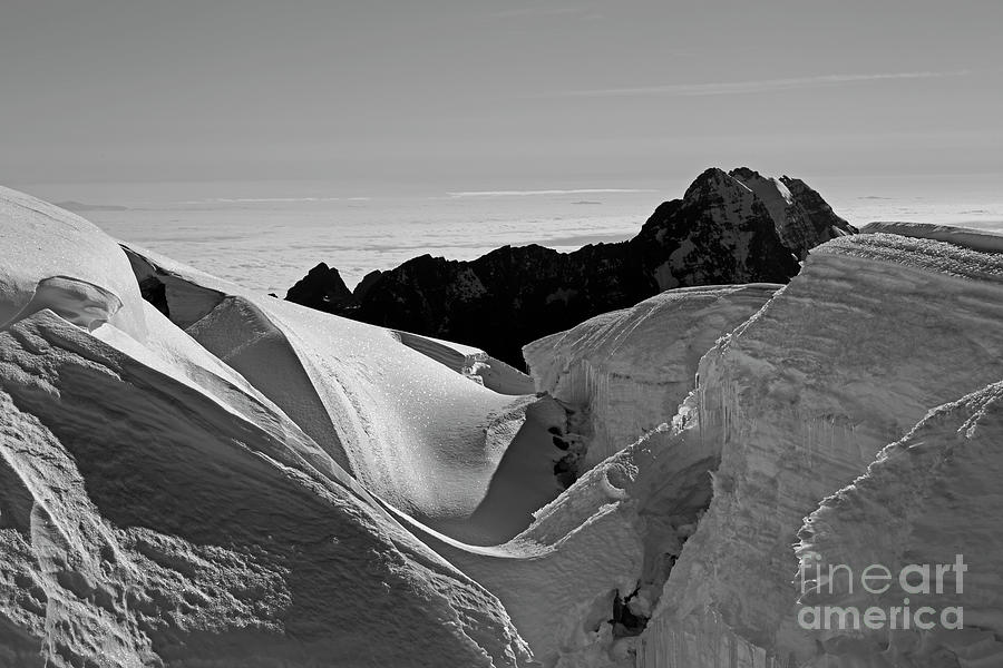 Ice formations and Mt Tiquimani in monochrome Bolivia Photograph by James Brunker