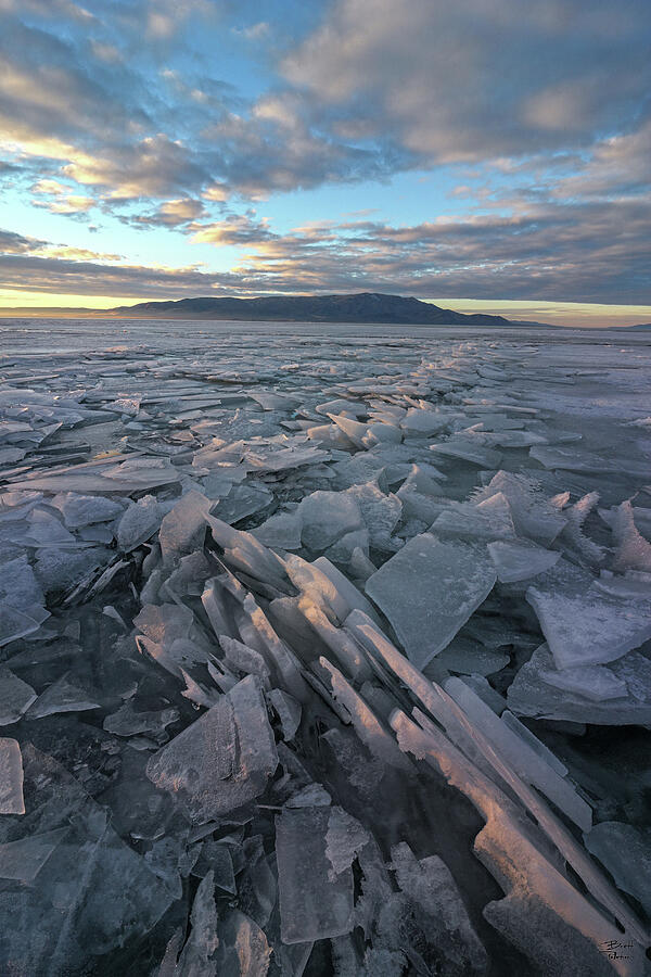 Winter Photograph - Ice Sheets Sunset - Utah Lake by Brett Pelletier