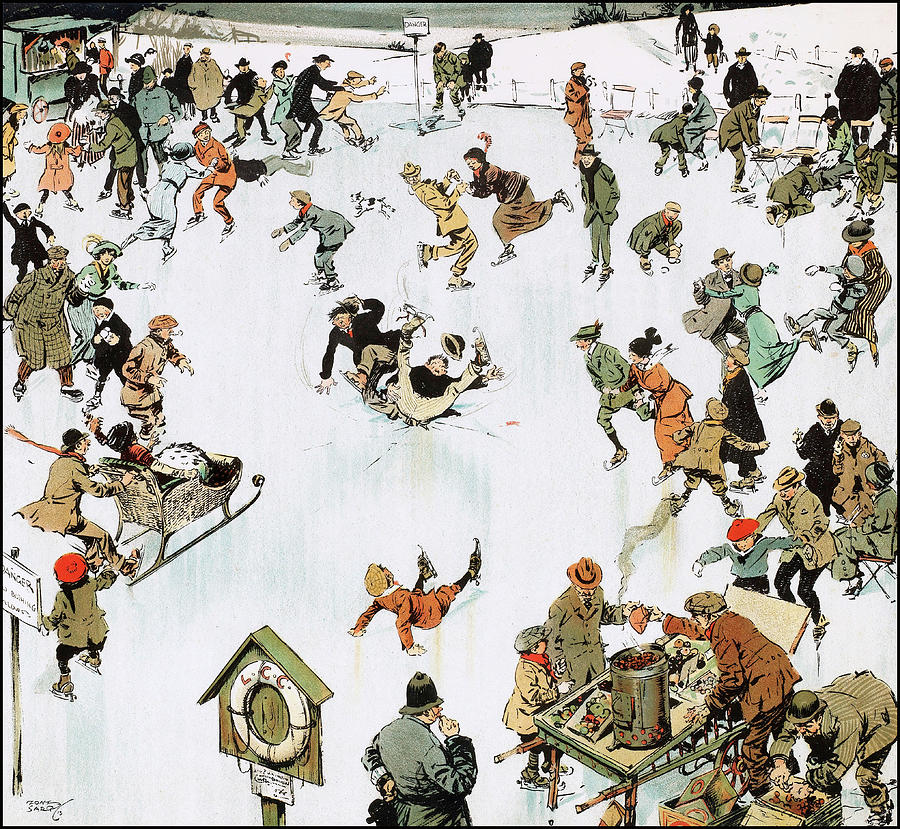 Ice Skating - Humours of London - funny illustrations of social life in the early 1900s Drawing by Tony Sarg