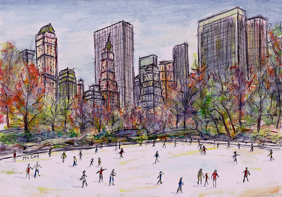 Ice Skating in Central Park, New York Painting by K McCoy