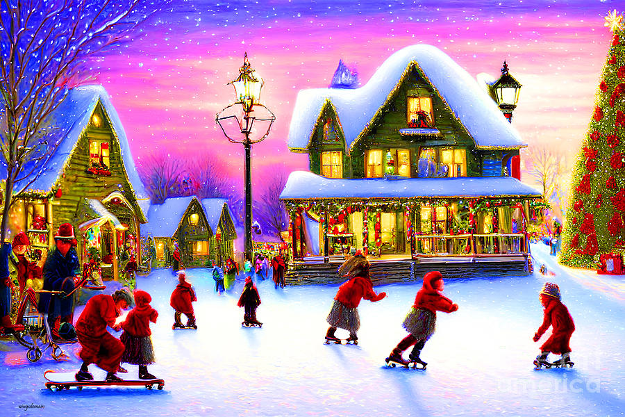 Ice Skating Merrily In A Small Town In The Holiday Seasons 20221029a Mixed Media by Wingsdomain Art and Photography