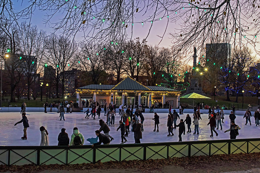 Ice Skating on the Boston Common Frog Pond at Sunset Hancock Tower Photograph by Toby McGuire