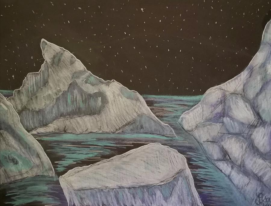 Icebergs in nights starry sky Drawing by Lisa Koyle