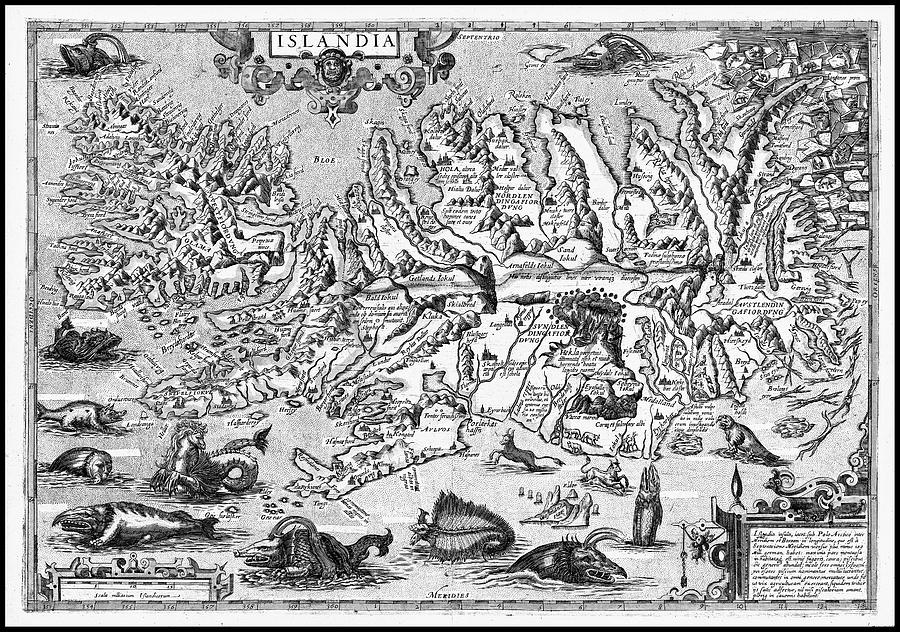 Vintage Photograph - Iceland Antique Map 1587 Black and White  by Carol Japp