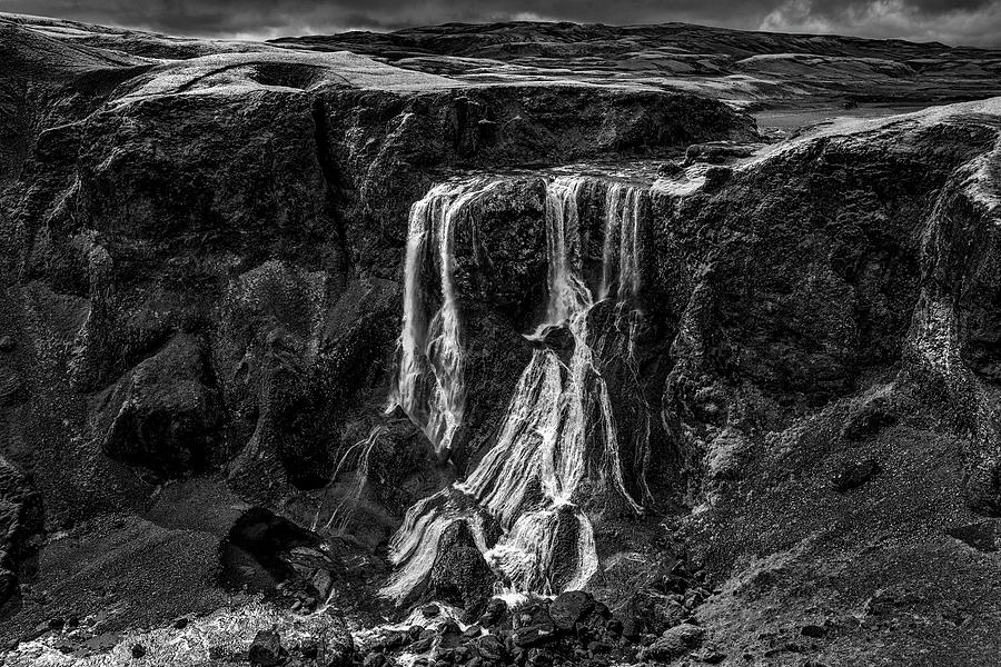 Iceland - Fagrifoss waterfall in black and white Photograph by Olivier Parent