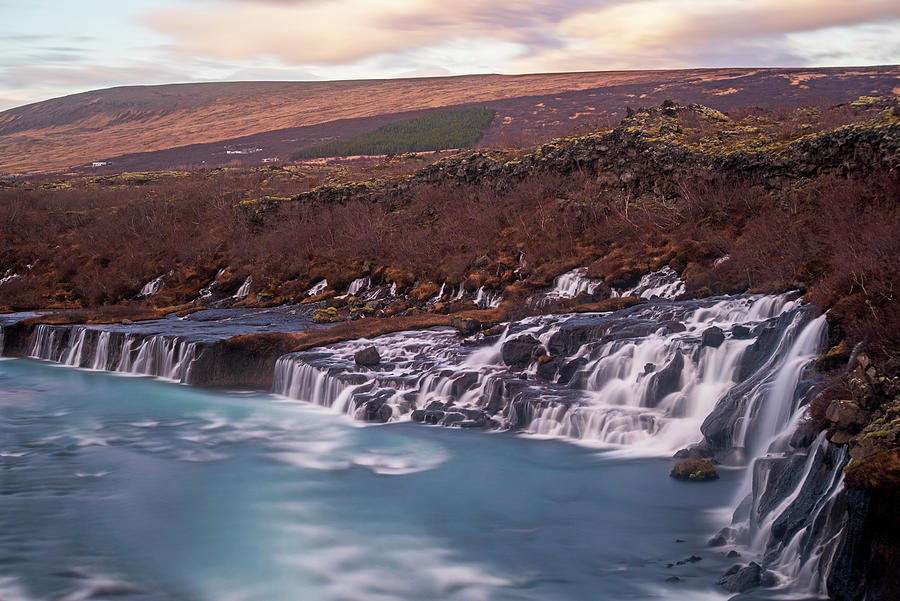Iceland Hraunfossar Waterfall Reykholt Red Clouds Photograph by Toby McGuire