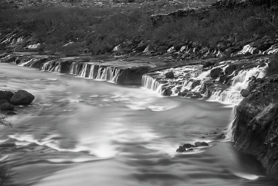 Iceland Hraunfosser Waterfall Reykholt Smooth River Black and White Photograph by Toby McGuire