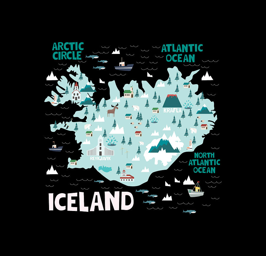 Iceland Illustrated Map - Reykjavik'S Relaxing Hot Springs Digital Art ...