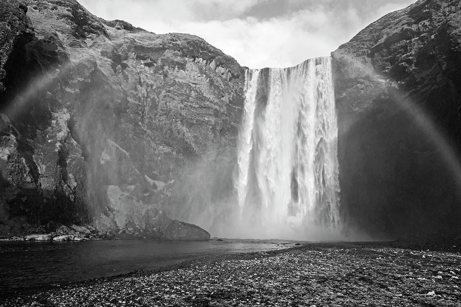 Iceland Skogafoss Full Rainbow Skogar Iceland Close Black and White Photograph by Toby McGuire