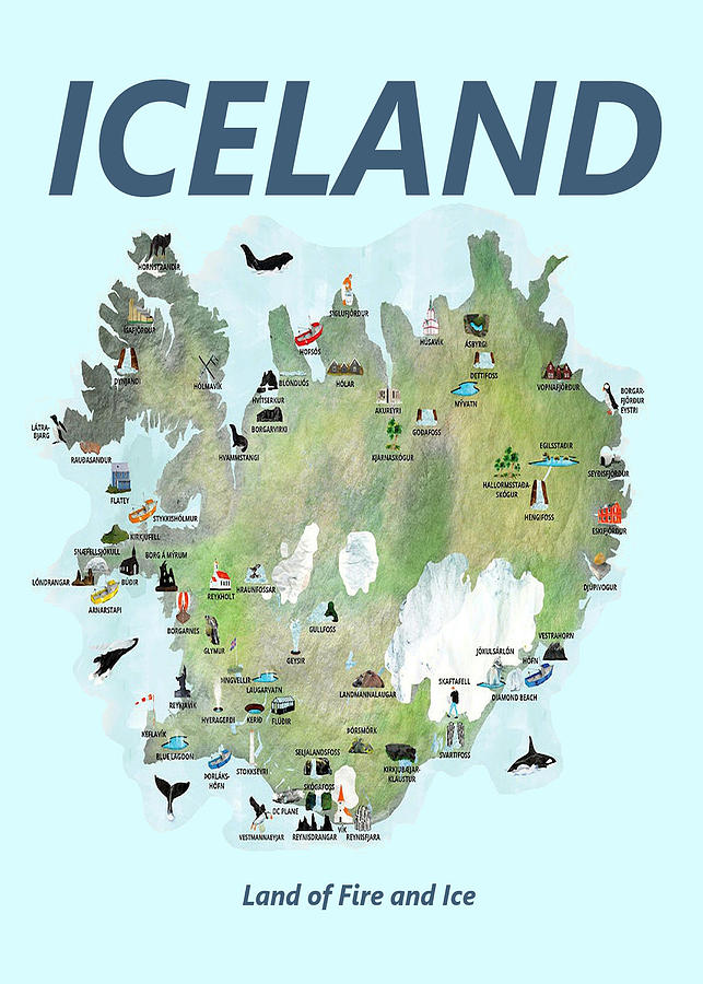 Iceland Travel Map Print, Land of Fire and Ice, Topography of Iceland, Download and Print 