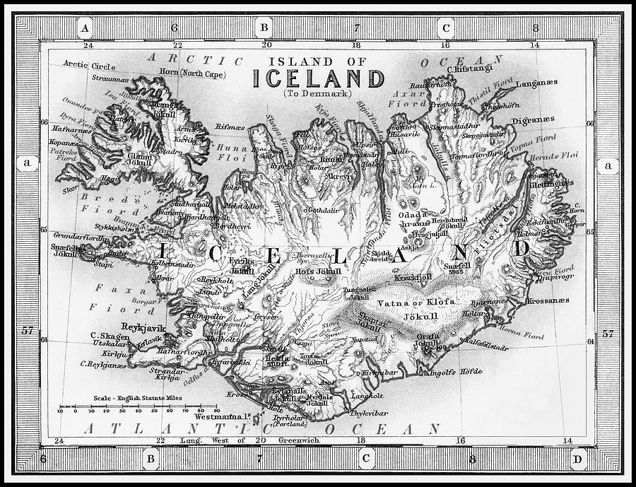Vintage Photograph - Iceland Vintage Map 1893 Black and White  by Carol Japp