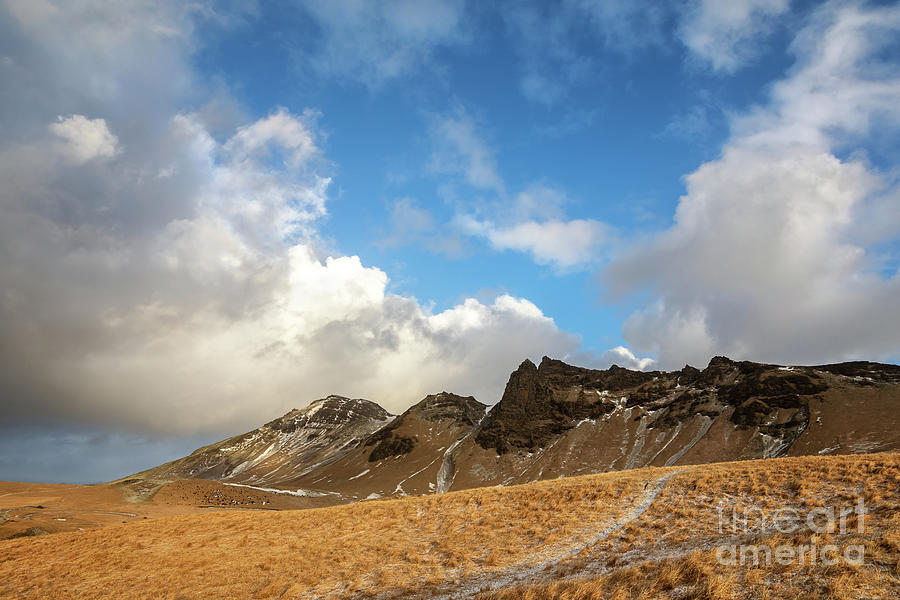 Icelandic landscape of volcanic mountain peaks and countryside around Vik, Southern Iceland Photograph by Jane Rix