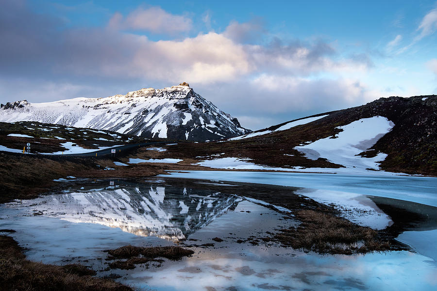 Icelandic landscape with frozen lake and stapafell mountain covered in snow snaefellsnes peninsula in Iceland Photograph by Michalakis Ppalis