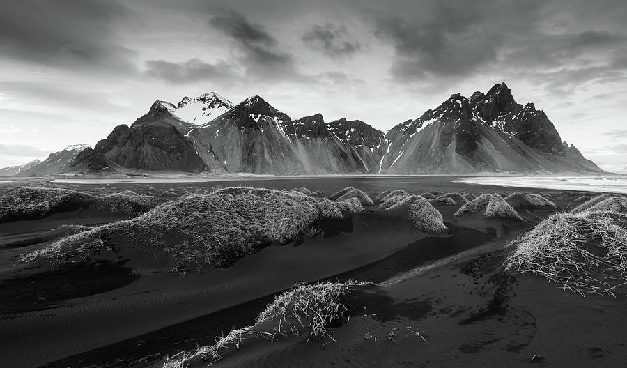 Black and White Icelandic mountain landscape, Vestrahorn black mountains Iceland Photograph by Michalakis Ppalis