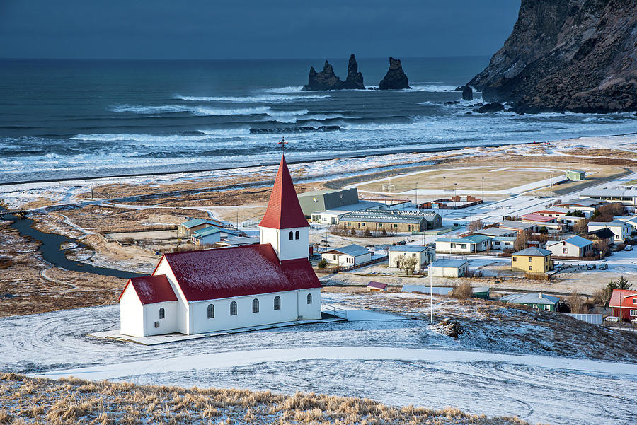 Icelandic village of Vik,  with the I Myrdal  church Photograph by Michalakis Ppalis