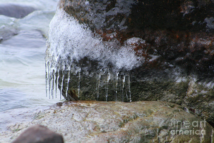 Icicles on Boulder Photograph by Mary Mikawoz