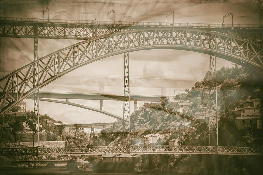 Iconic Bridges of Porto Portugal Vintage  Photograph by Carol Japp