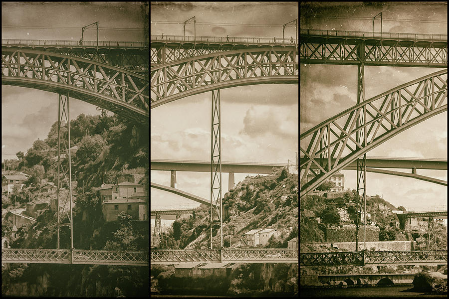 Iconic Bridges of Porto Triple Vintage  Photograph by Carol Japp