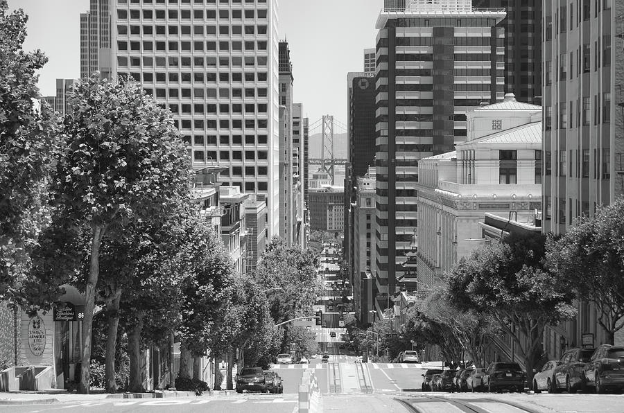 Iconic California St View of San Francisco Financial District to Bay Bridge Tower Black and White Photograph by Shawn OBrien