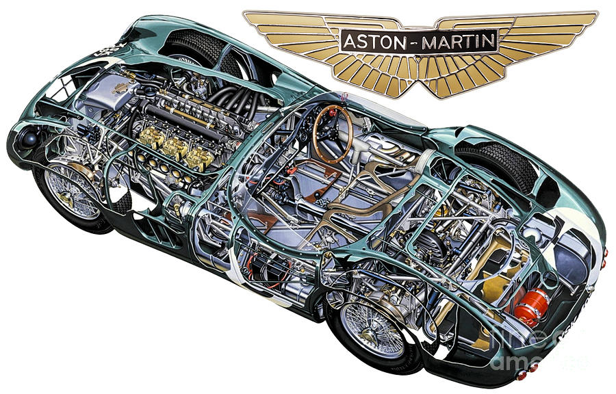 Aston Martin Dbs Drawing - Iconic luxury British sports car Aston Martin DBR1 1957. Cutaway automotive art by Vladyslav Shapovalenko