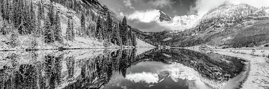 Iconic Panoramic View Of Maroon Bells In Black and White - Aspen Colorado Photograph by Gregory Ballos