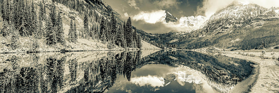 Iconic Panoramic View Of Maroon Bells In Sepia - Aspen Colorado Photograph by Gregory Ballos