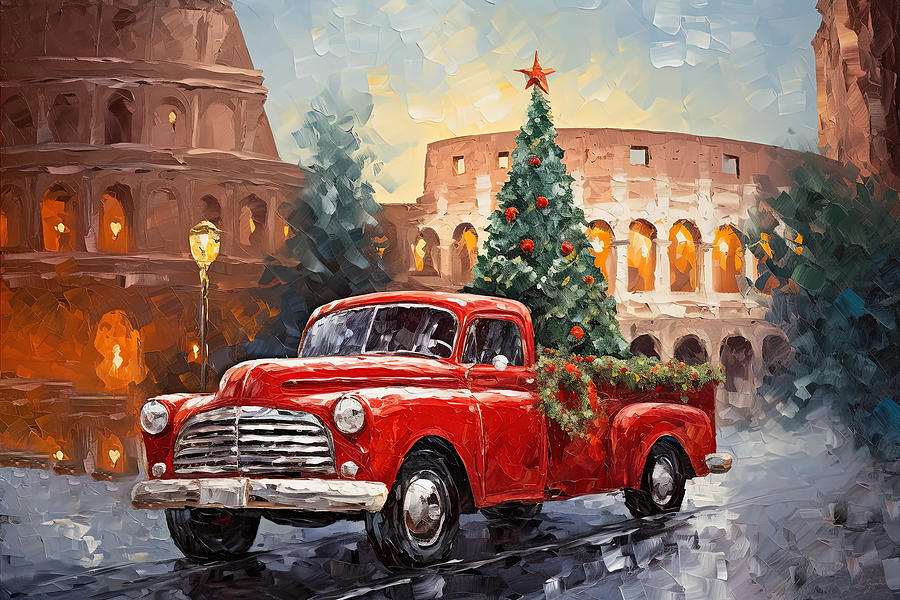Red Truck Painting - Iconic Red Truck in Rome Colosseum Rome by Lourry Legarde