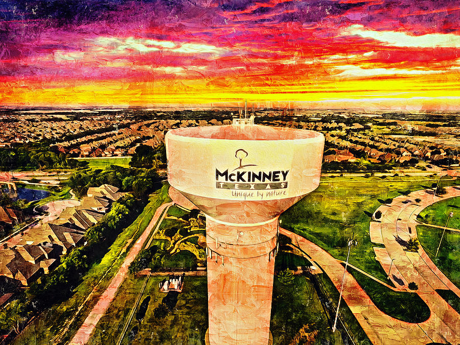 Iconic water tower in western McKinney, Texas, at sunset Digital Art by Nicko Prints