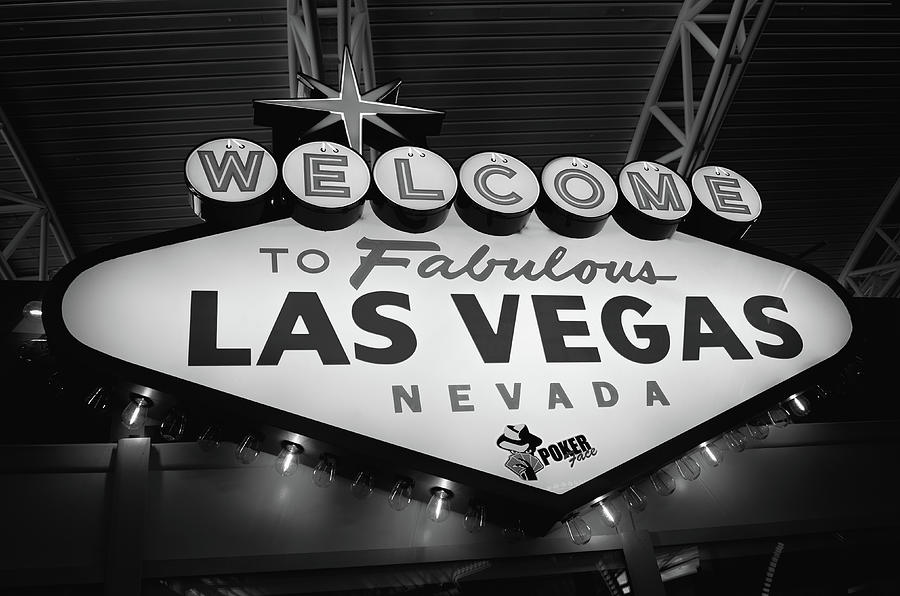 Iconic Welcome to Fabulous Las Vegas Airport Neon Sign Black and White Photograph by Shawn OBrien